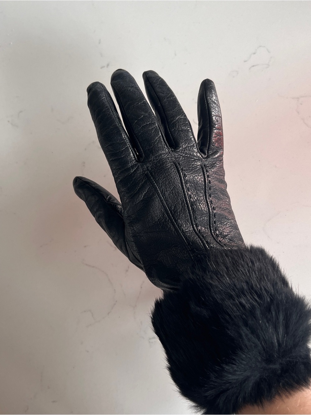 Moschino Black Leather Gloves with Fur Trim and Heart Charm